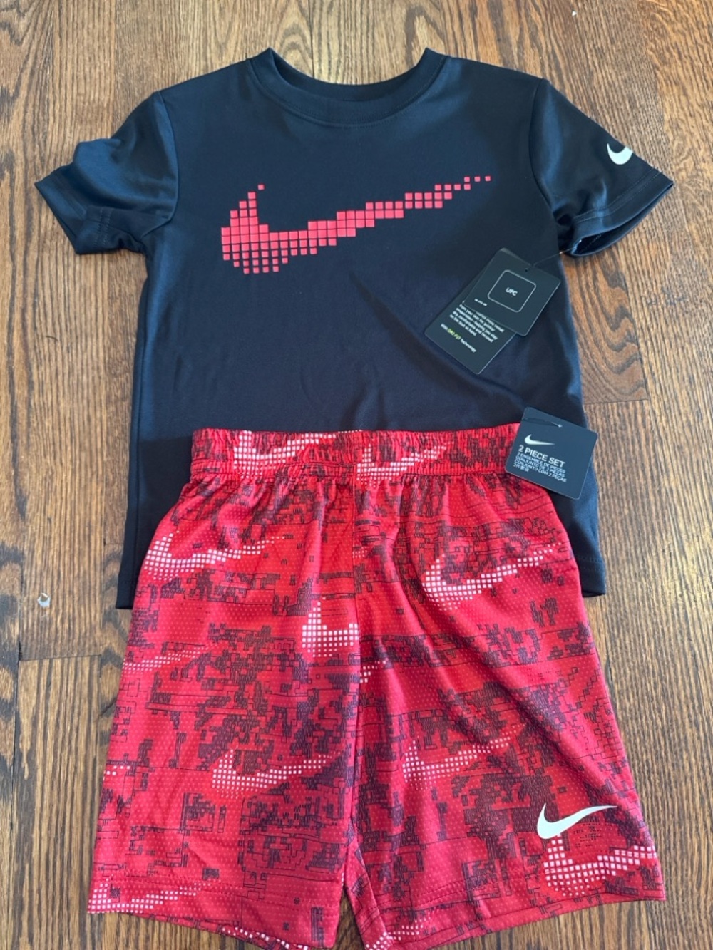 Nike Black Tee with Red Patterned Athletic Shorts Set